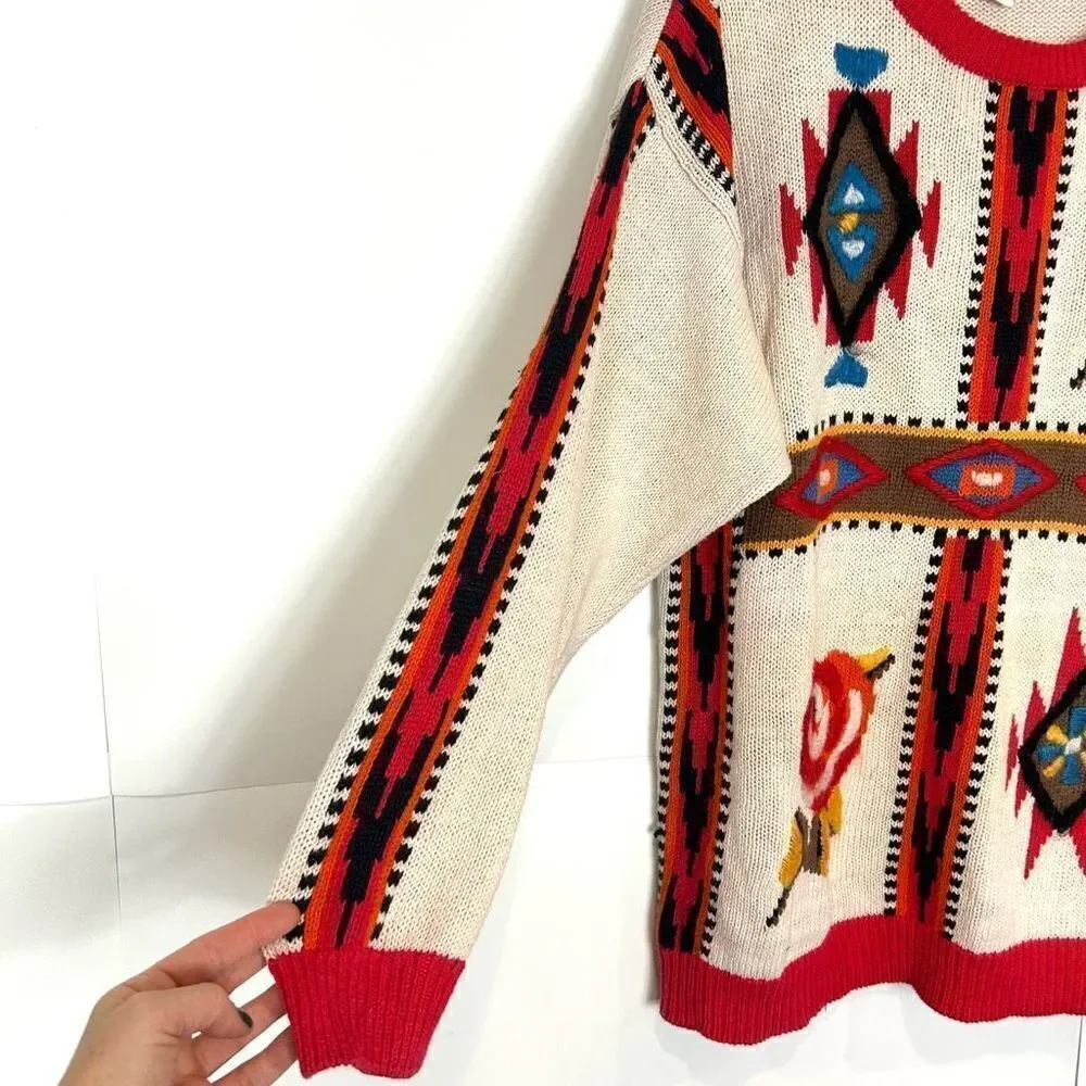 Emminent Womens Folk Art Embroidered vintage Crewneck Sweater Southwesterb Large